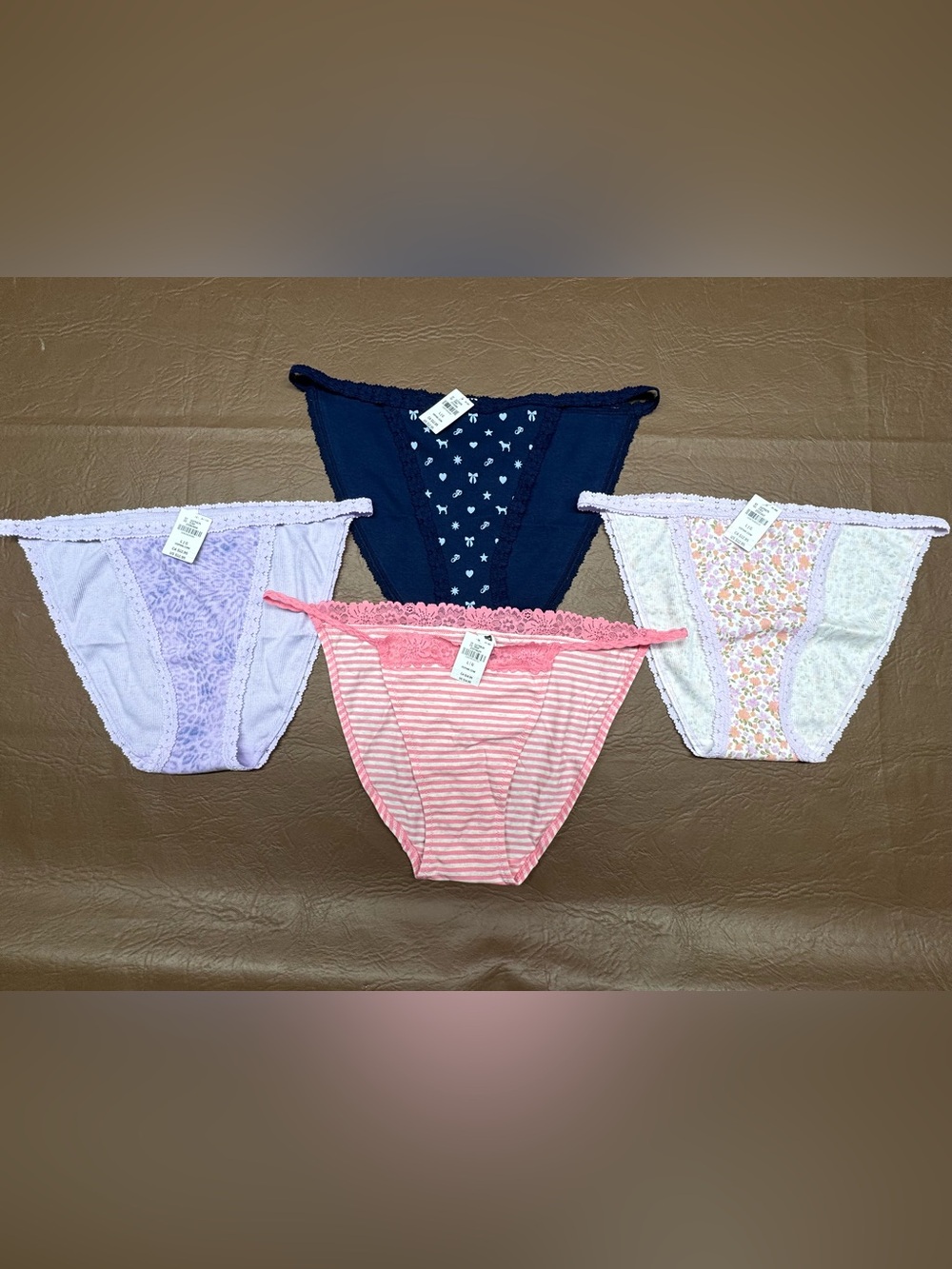 4 Pair Victoria's Secret PINK Cotton Lace Trim String Bikini Panties Size Large